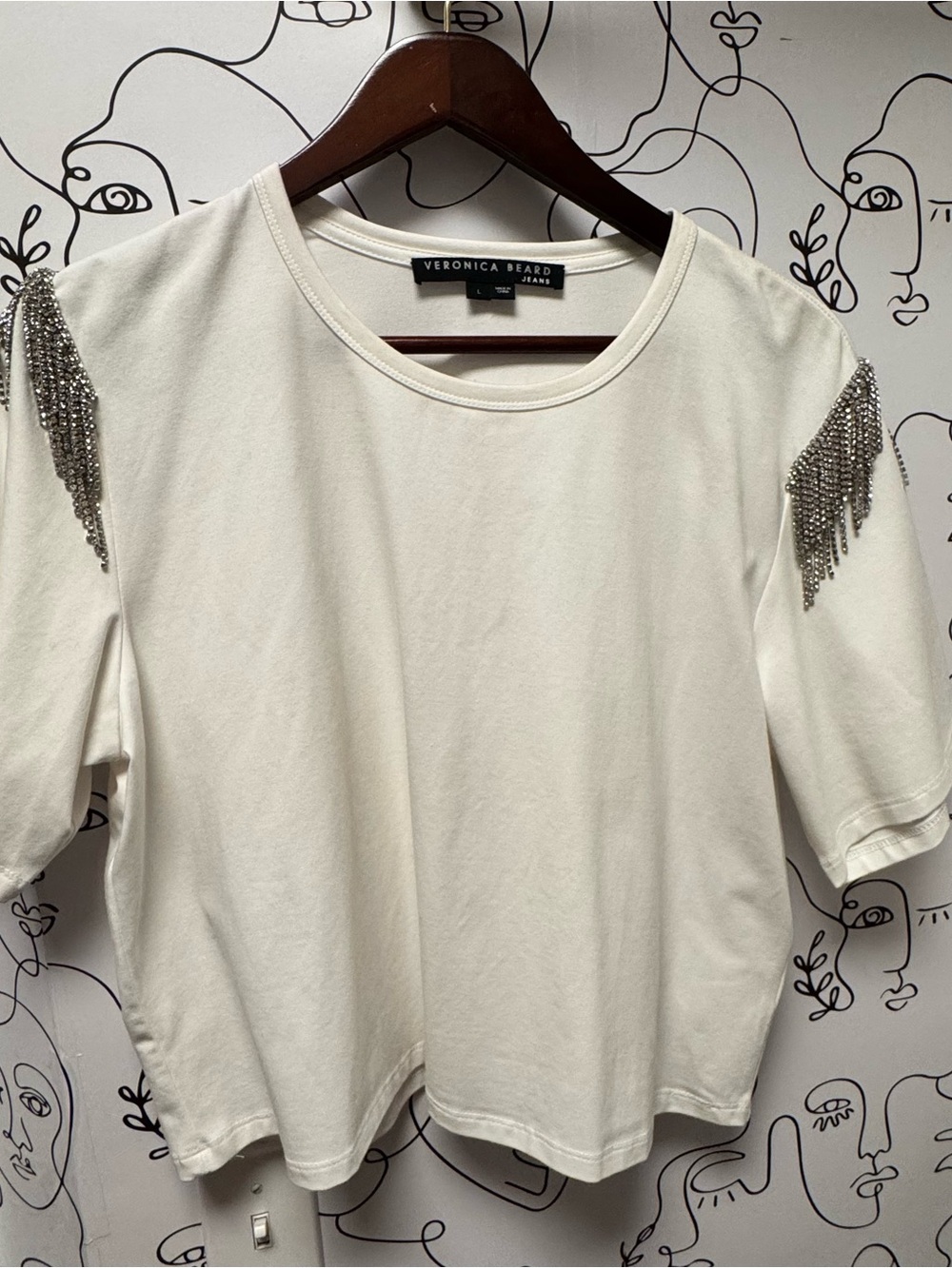 Veronica Beard white/Cream Short-Sleeve Tee with rhinestone Fringe Shoulders